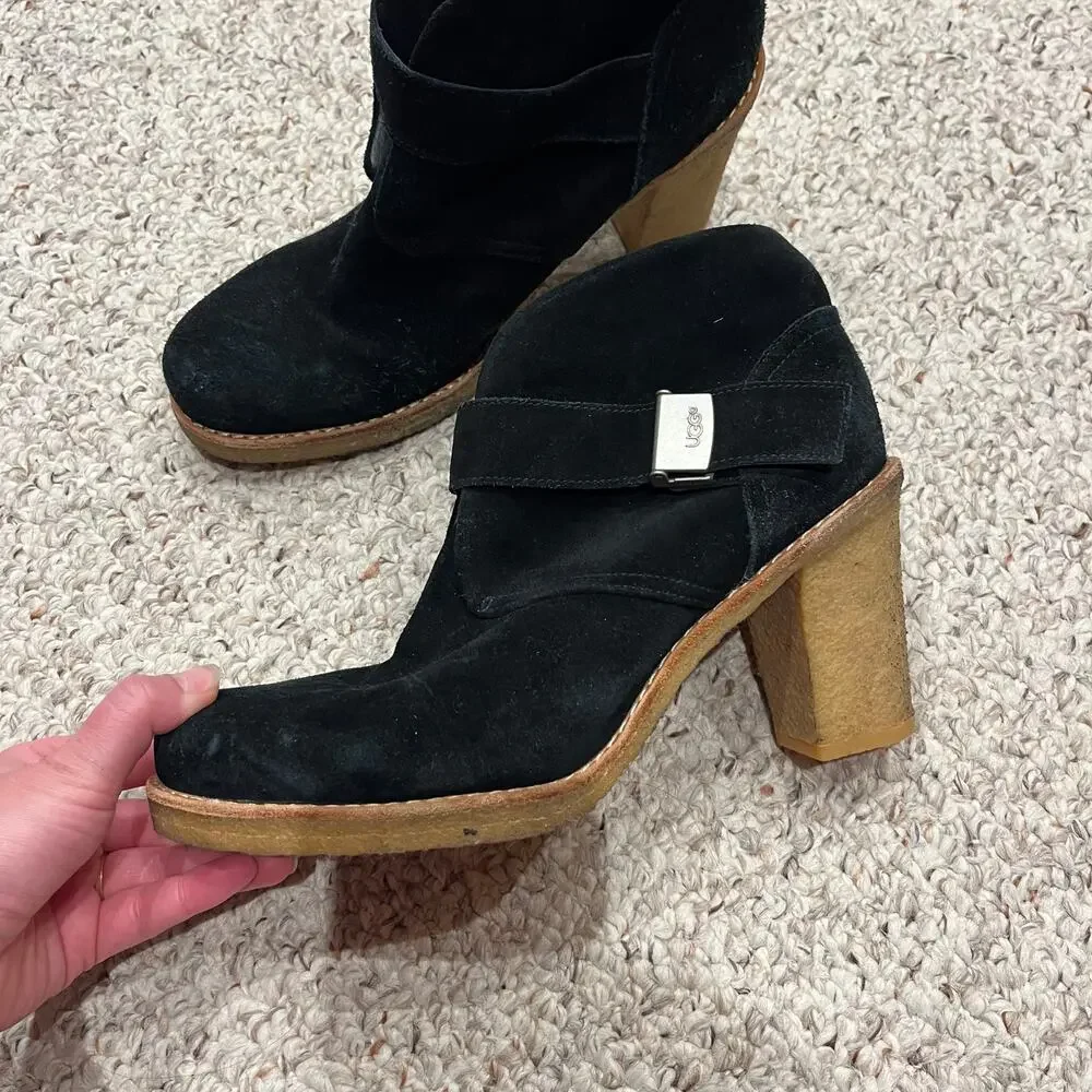 UGG Brienne Leather Ankle Boots Sz 9.5 Black Chunky Heel Casual Comfort
